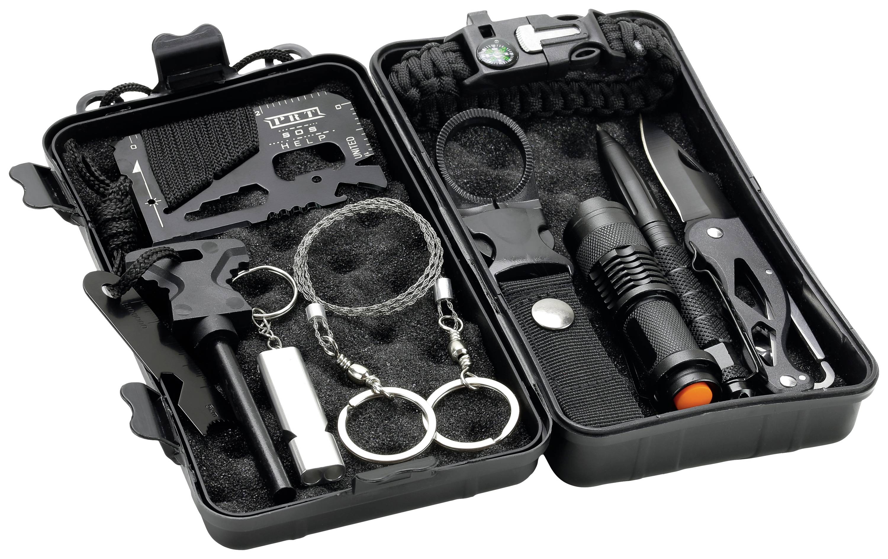 Überlebenskit mit Messer, Kompass, Taschenlampe, Drahtsäge und Multifunktionswerkzeug in einer offenen schwarzen Box. Ideal für Outdoor-Aktivitäten.
