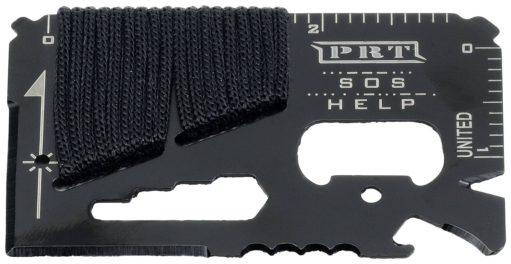 Metallisches Multitool in Kreditkartengröße mit schwarzem Band. Beschriftung: 'SOS', 'HELP', Lineal und diverse Werkzeuge.