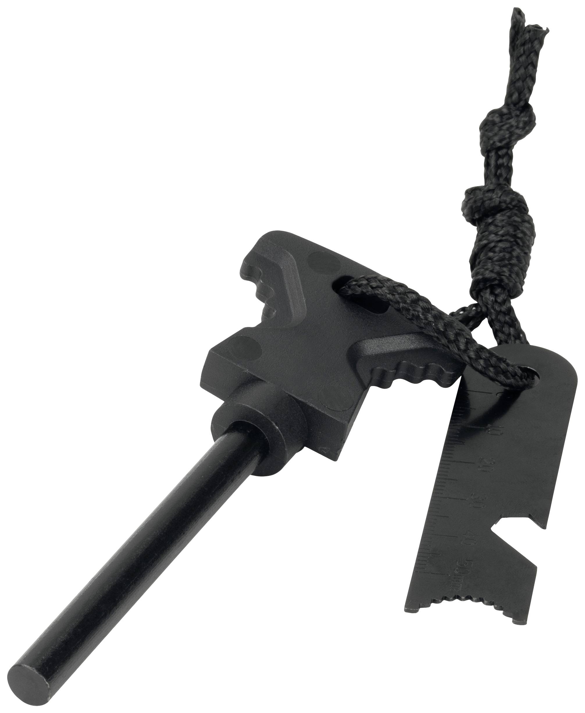 Feuerstarter-Set mit Magnesiumstab und schwarzem Griff, einschließlich Metallschaber mit eingebautem Flaschenöffner, an einer Kordel befestigt.