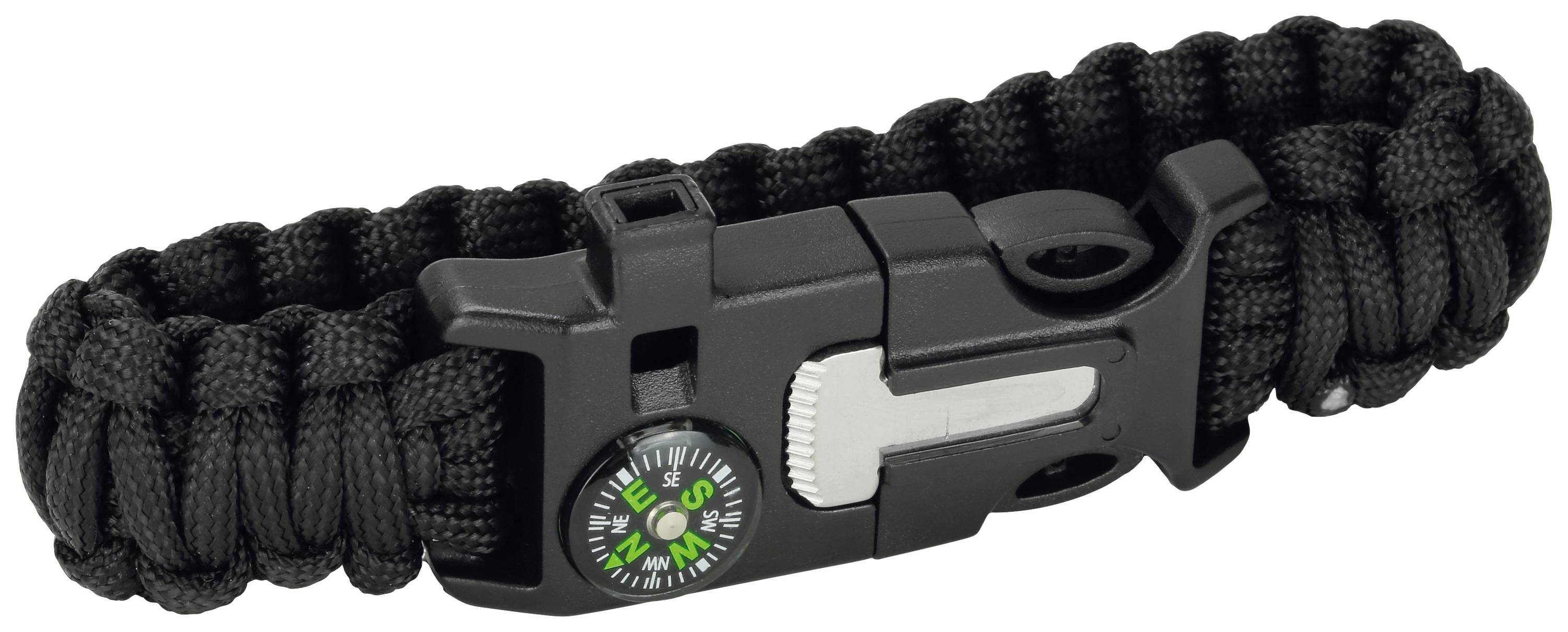 Schwarzes Paracord-Armband mit eingebautem Kompass und Schnallenverschluss. Perfekt für Outdoor-Abenteuer und Survival-Situationen.