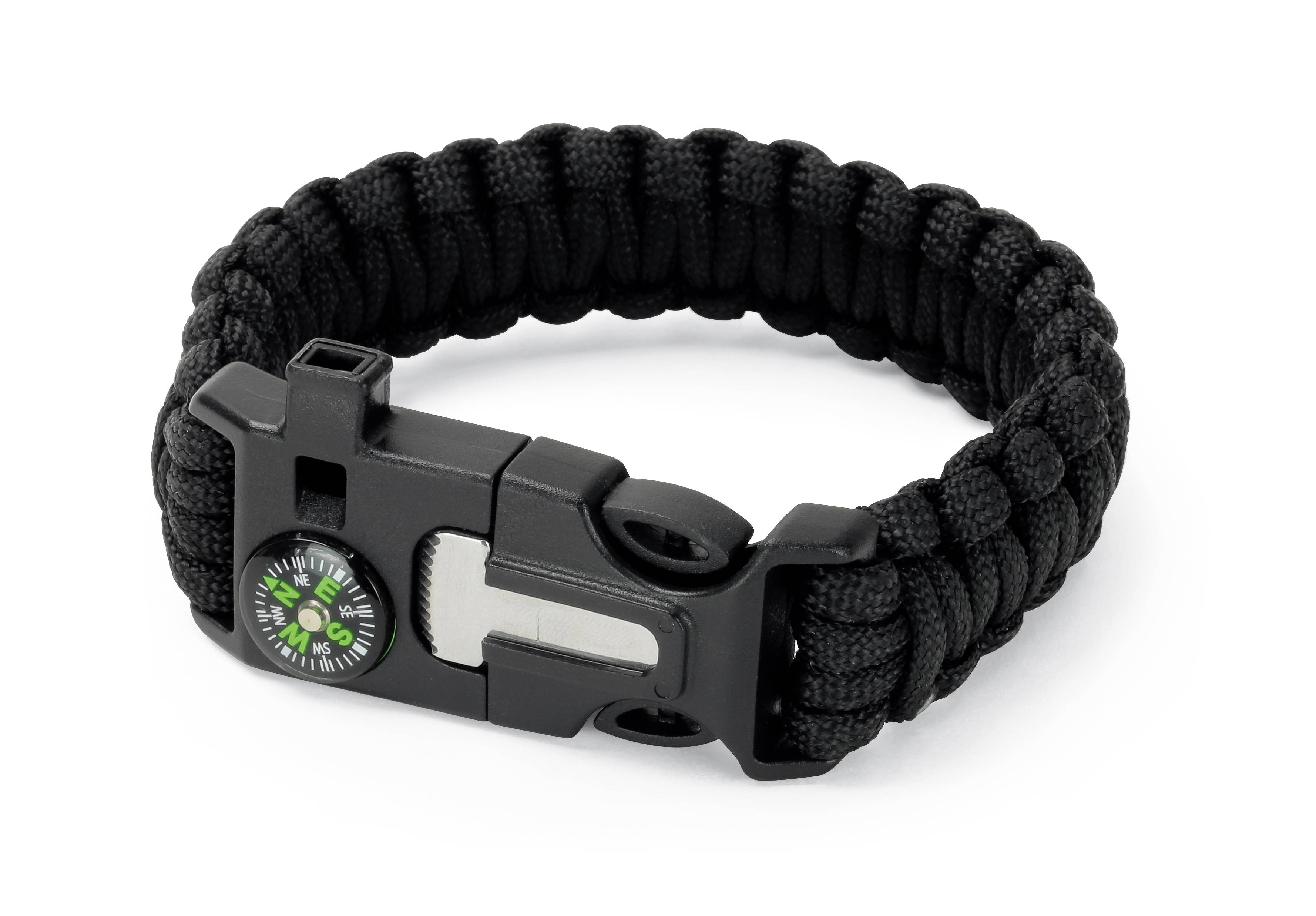 Schwarzes Paracord-Armband mit integriertem Kompass und Verschluss, geeignet für Outdoor-Abenteuer oder Survival-Aktivitäten.