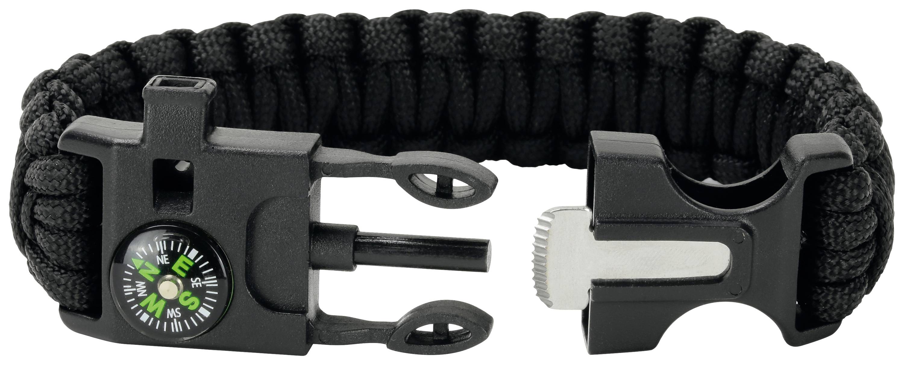 Schwarzes Paracord-Armband mit eingebautem Kompass und Feuerstarter, geeignet für Outdoor-Aktivitäten und Survival-Situationen.