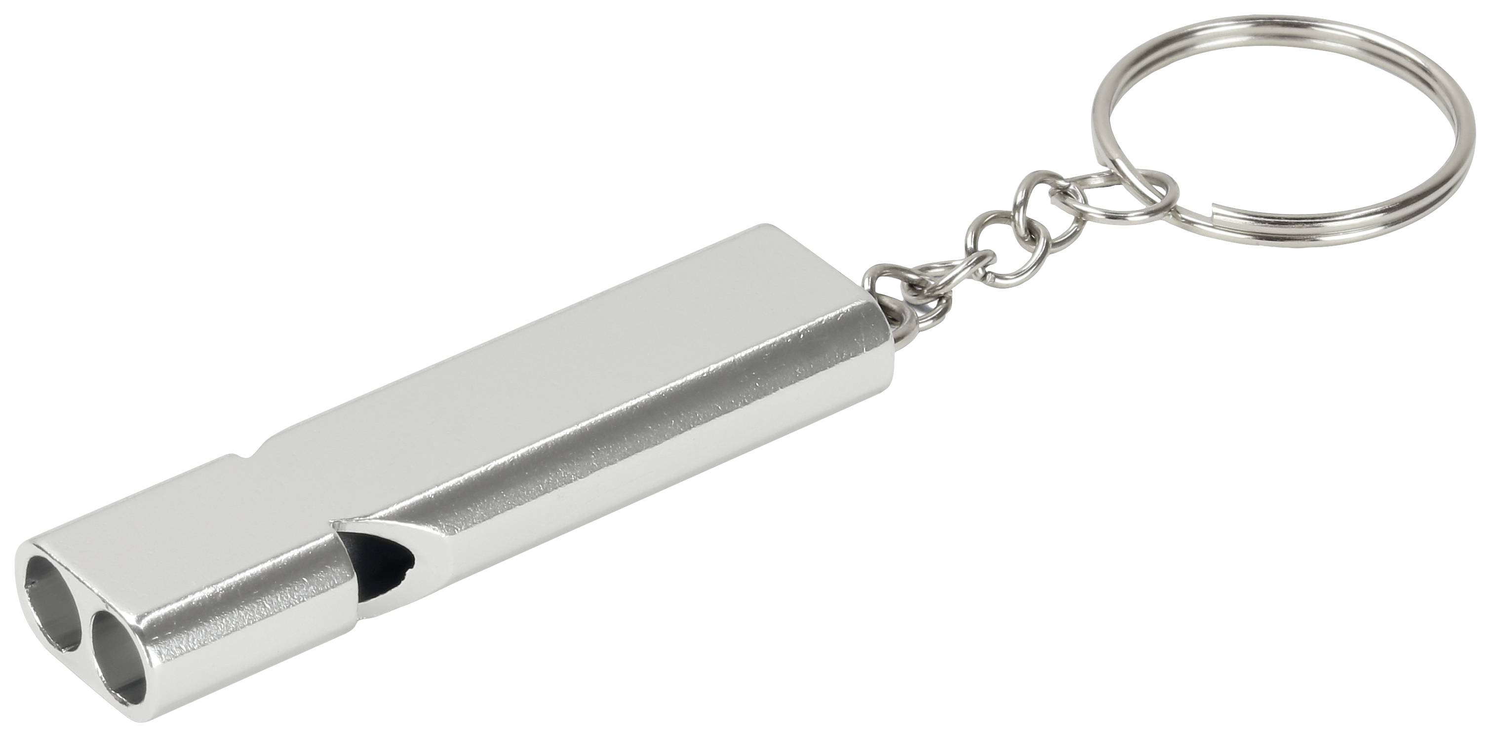 Silberfarbener, rechteckiger Metall-Pfeifen-Schlüsselanhänger mit zwei Pfeifenlöchern und einer kurzen Kette mit Schlüsselring.