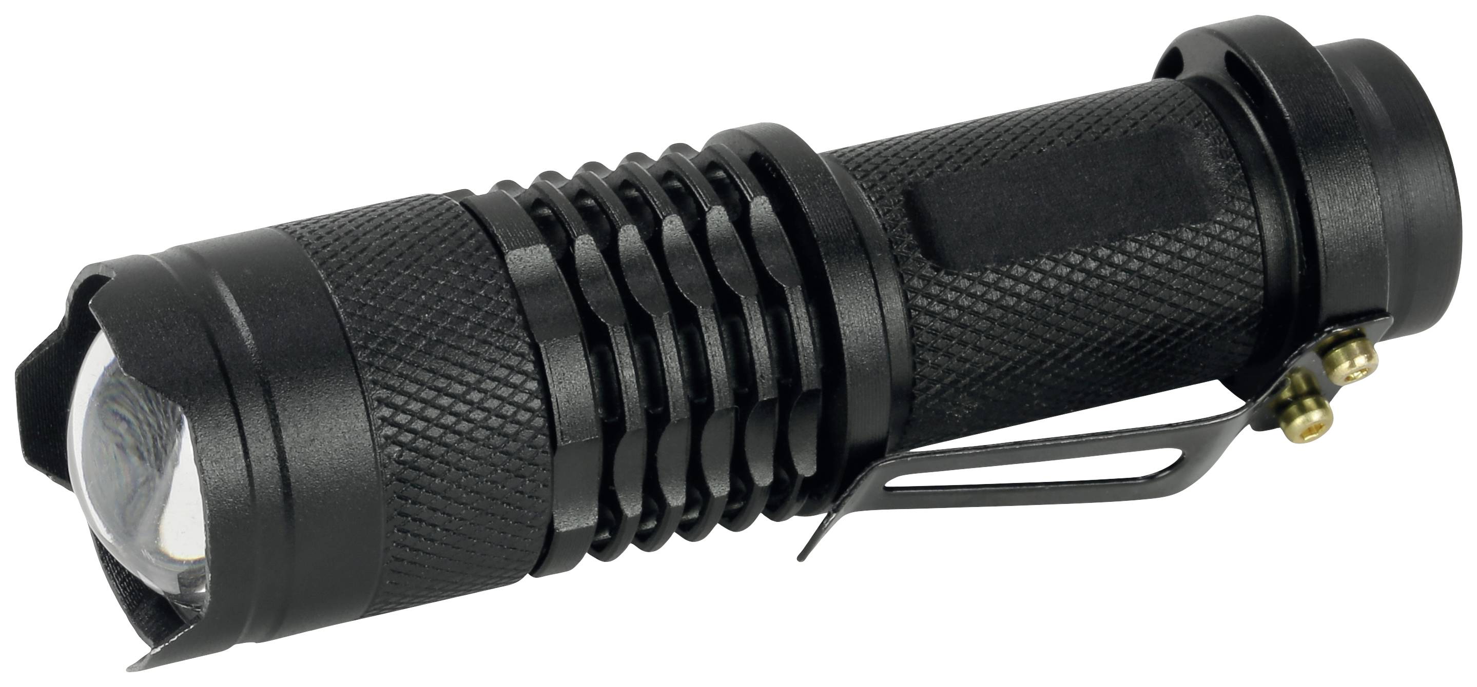 Schwarze Taschenlampe mit geriffeltem Griff und Clip.