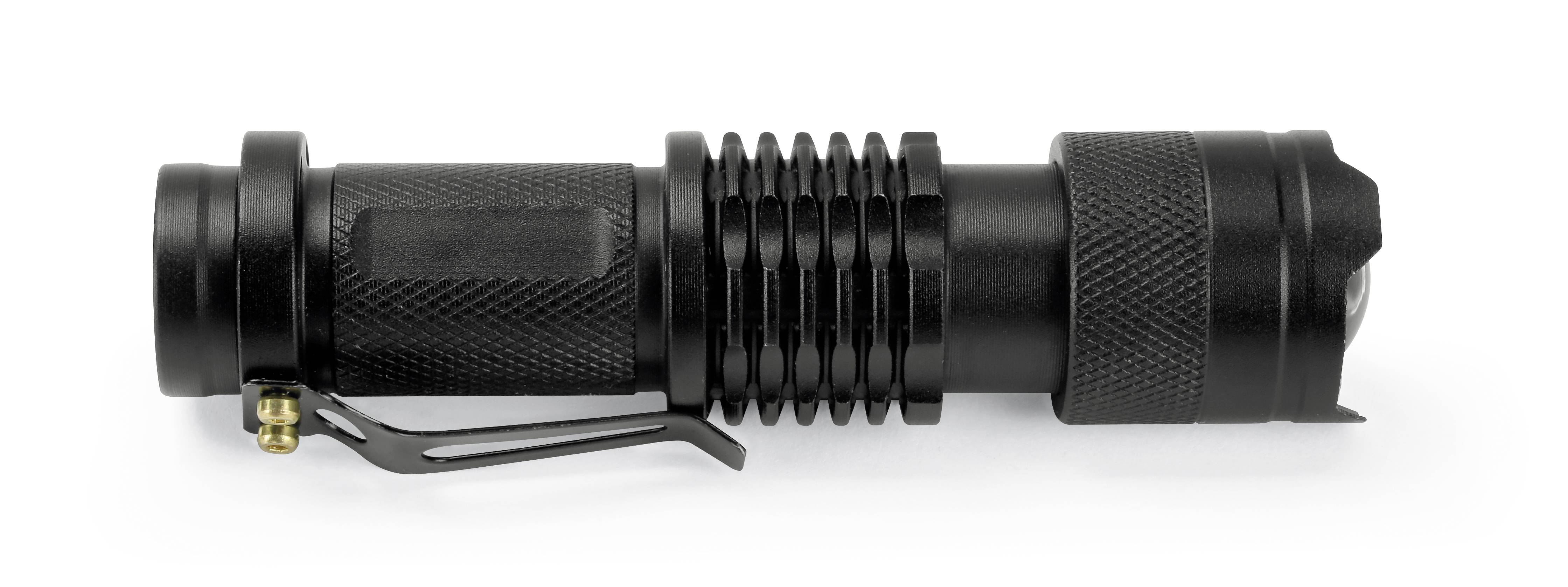 Eine schwarze, kompakte Taschenlampe mit Clip, ideal für Outdoor-Aktivitäten oder Notfälle.
