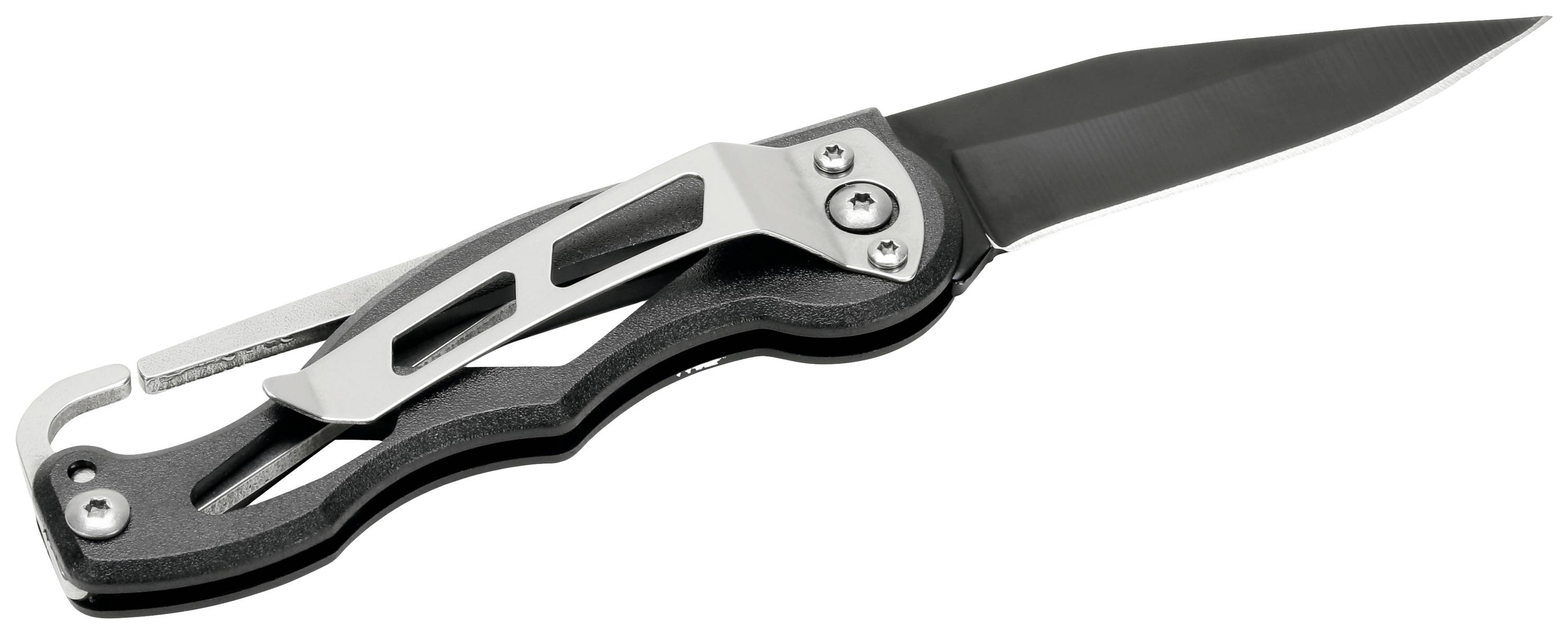 Ein zusammenklappbares Taschenmesser mit schwarzer Klinge und silbernem Griff auf einem weißen Hintergrund.