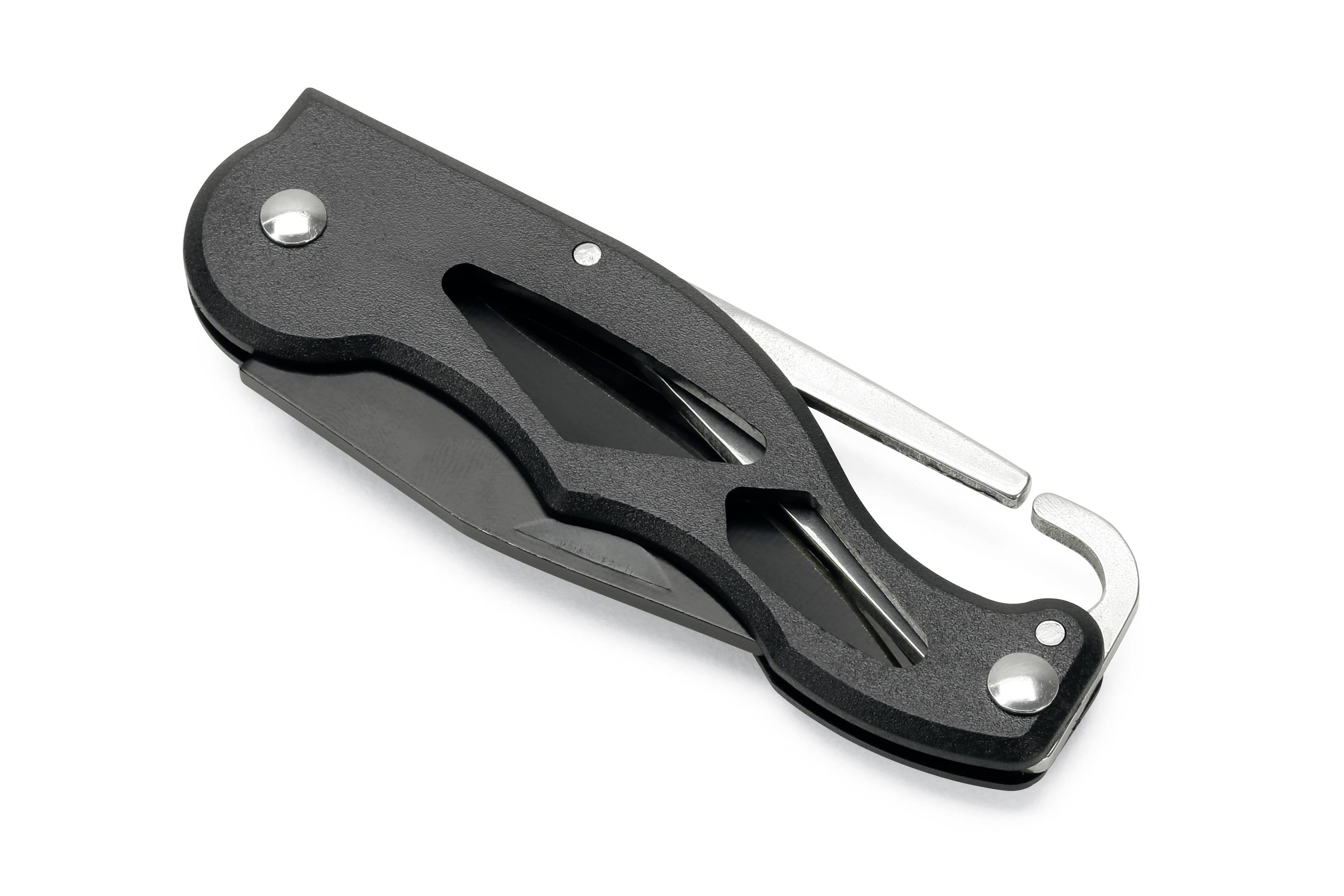 Klappmesser mit schwarzem Griff und integriertem Karabinerhaken, geschlossen dargestellt.