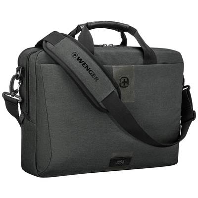 Eine schwarze Laptop-Tasche mit Schultergurt und Tragegriffen, Markenlogo 'Wenger' auf dem Gurt und Tasche.