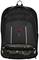Schwarzer Rucksack mit mehreren Fächern und rotem Markenzeichen auf der Vorderseite. Geeignet für Laptops und Reisen.