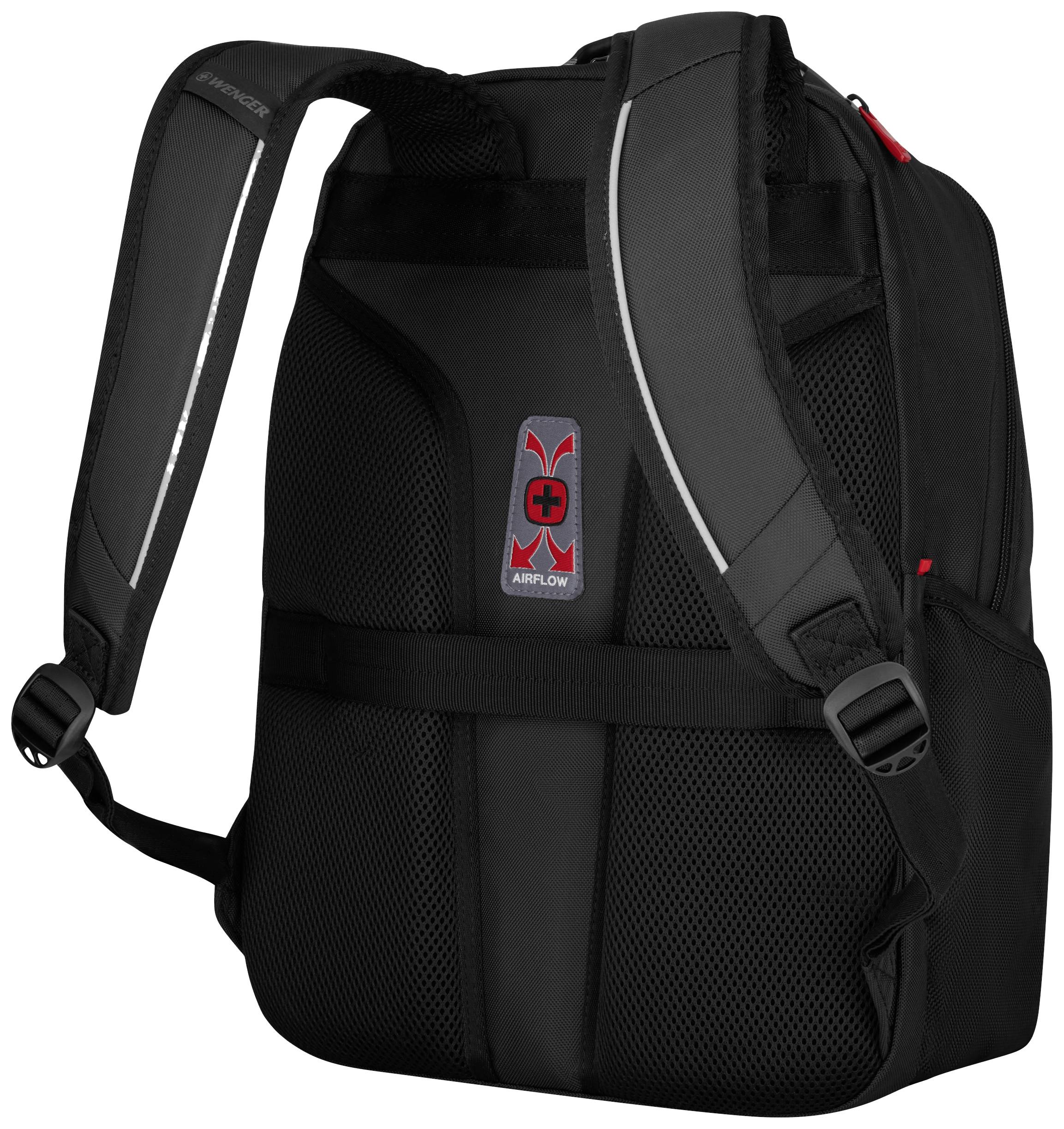 Ein schwarzer Rucksack mit gepolsterten Schultergurten und roten Details; Markenlogo auf der Rückseite sichtbar.