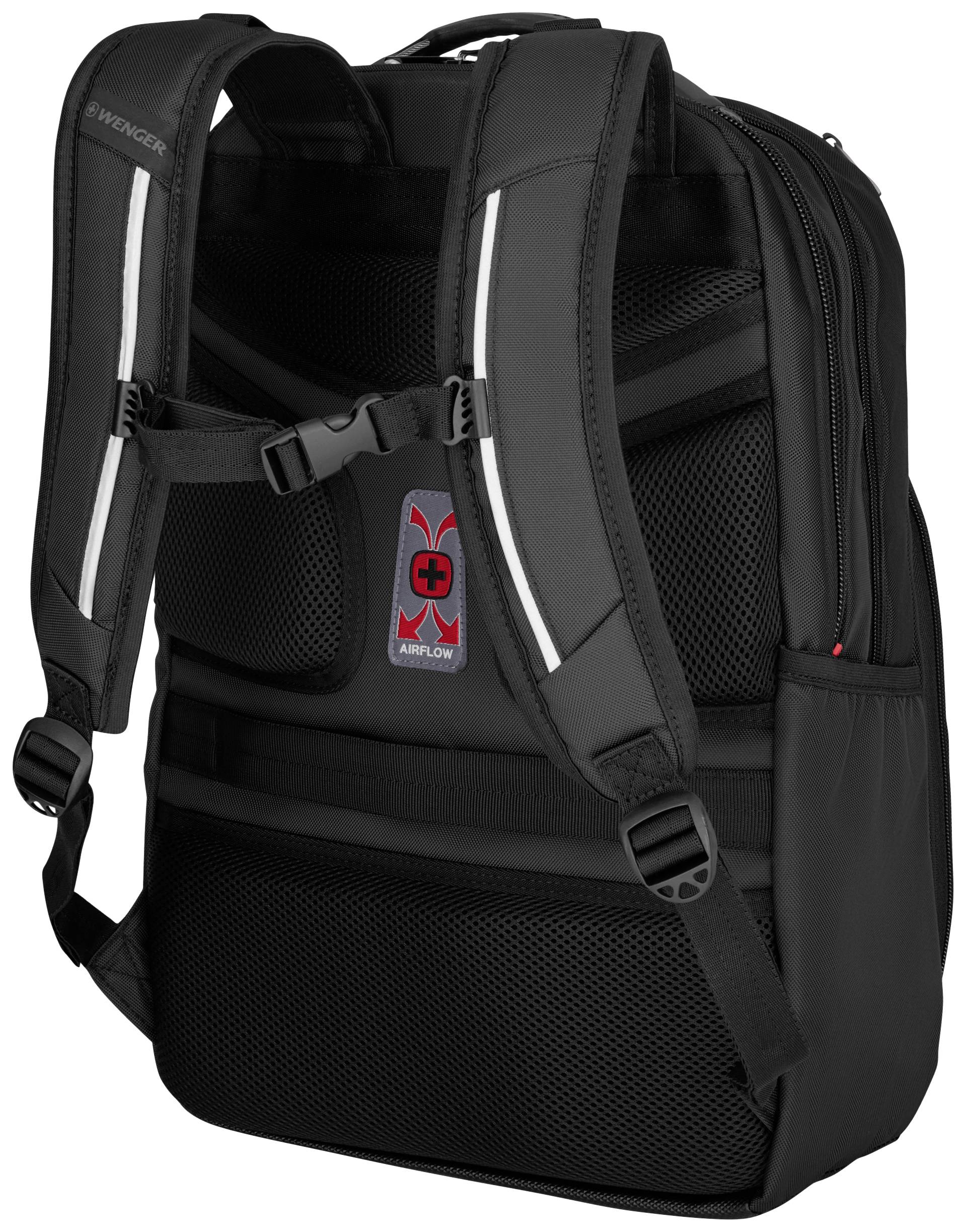 Schwarzer Rucksack mit verstellbaren Gurten und reflektierenden Details, zeigt die Rückseite mit Netzpolsterung für Belüftung.