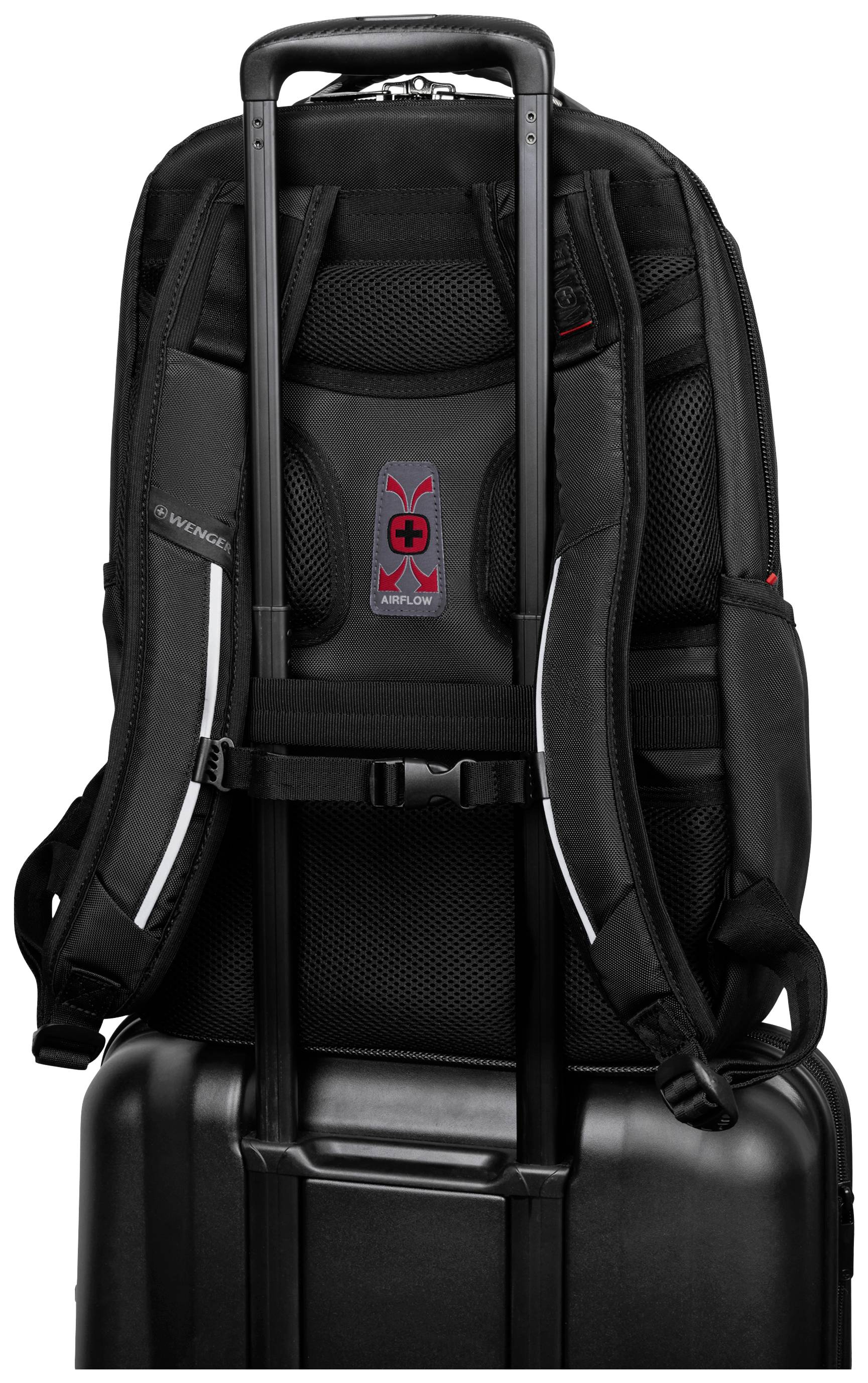 Ein schwarzer Rucksack ist auf einem Trolley befestigt. Die gepolsterten Träger des Rucksacks sind sichtbar, mit einem roten Symbol.