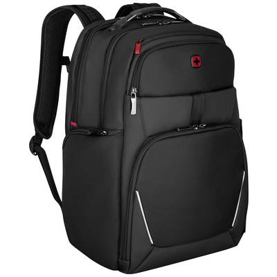 Schwarzer Rucksack mit mehreren Fächern und gepolsterten Schultergurten, sichtbare rote Akzente und Logo auf der Vorderseite.