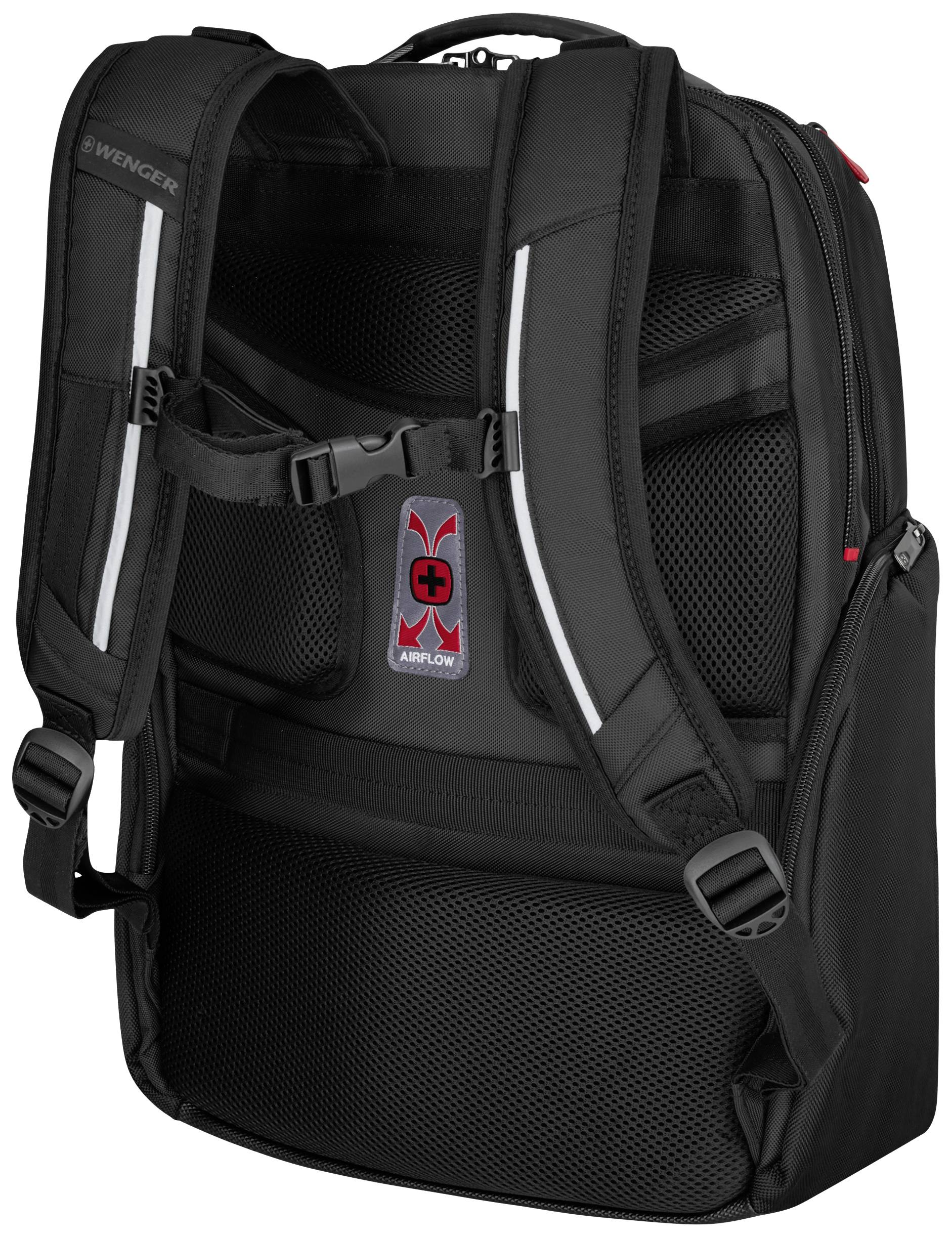 Schwarzer Rucksack von hinten mit gepolsterten Trägern, Luftzirkulationssystem und mehreren Schnallen für Komfort und Stabilität.