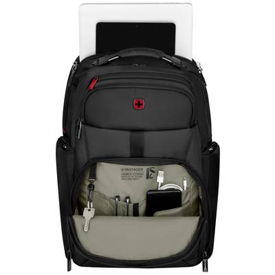Schwarzer Rucksack mit mehreren Fächern und einer Laptoptasche; einige Taschen sind geöffnet und zeigen Schlüssel, Stifte und ein Smartphone.