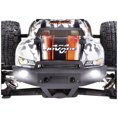 Ferngesteuertes Auto in Nahaufnahme, 4x4 JoVAGE V2 Modell, mit auffälligem schwarz-weißem und orangefarbenem Karosseriedesign.