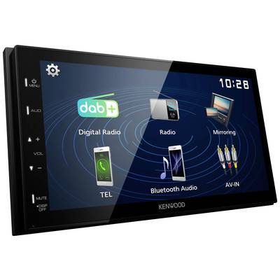 Das Bild zeigt ein Kenwood-Autoradio mit Touchscreen. Es gibt Symbole für Digitalradio, Radio, Spiegelung, Bluetooth-Audio, Telefon und AV-IN.