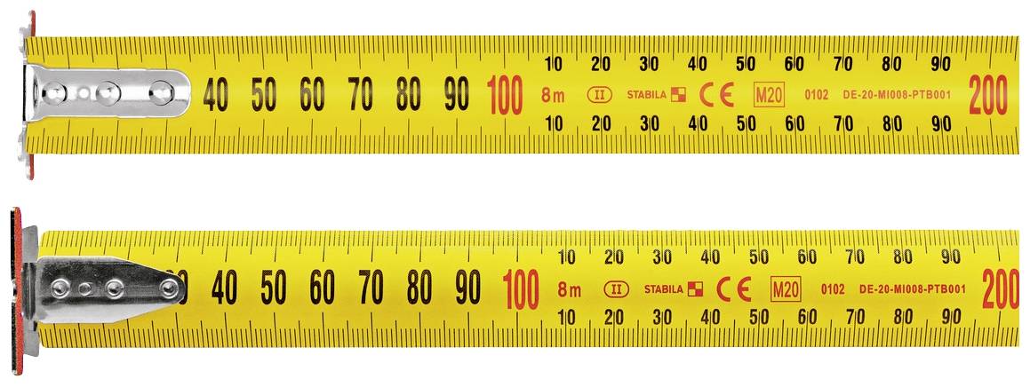 Zwei senkrechte gelbe Maßbänder mit schwarzen und roten Markierungen, die jeweils von 0 bis 200 Zentimeter reichen.