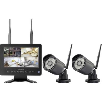 Überwachungsset mit Monitor und zwei drahtlosen Kameras, die für Sicherheit und Überwachung in Innen- oder Außenbereichen verwendet werden.