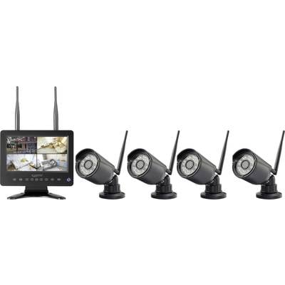 Ein Überwachungssystem mit einem Monitor zeigt Live-Aufnahmen von vier Überwachungskameras. Kameras sind daneben aufgereiht.