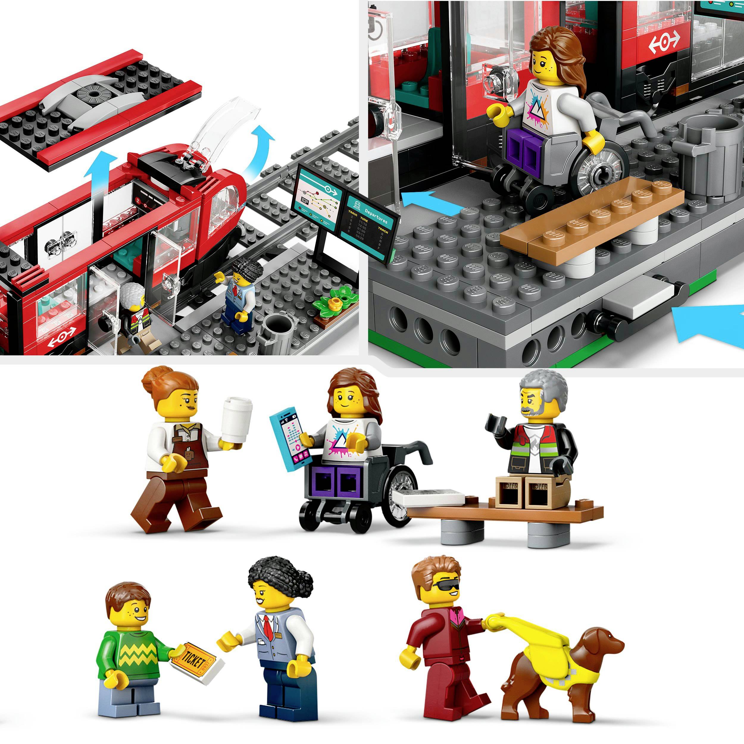 Lego-Setszenen mit einem Zug, Rollstuhlzugang, Figuren in Interaktion und einem Blindenhund. Integration und Zugänglichkeit im Fokus.