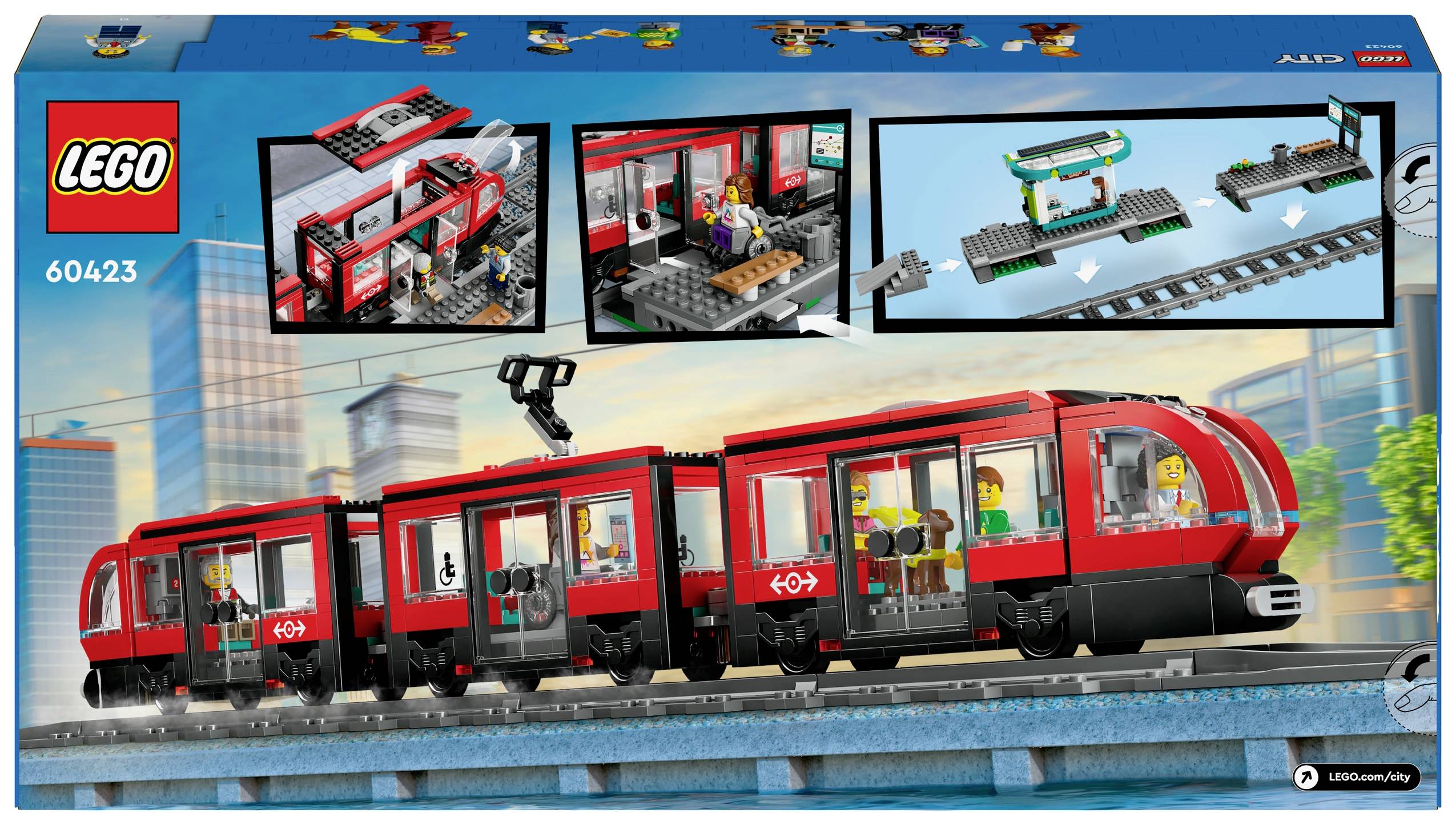 LEGO-Set mit rotem Zug, Figuren und Zugstation. Details zeigen den Innenraum des Zuges und den Aufbau einer Plattform. Set Nummer 60423.