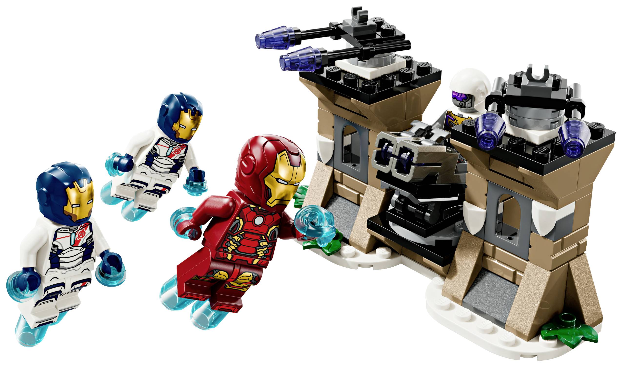 Lego-Set mit drei Minifiguren in futuristischen Anzügen, die vor einer befestigten Struktur mit Waffen schweben.