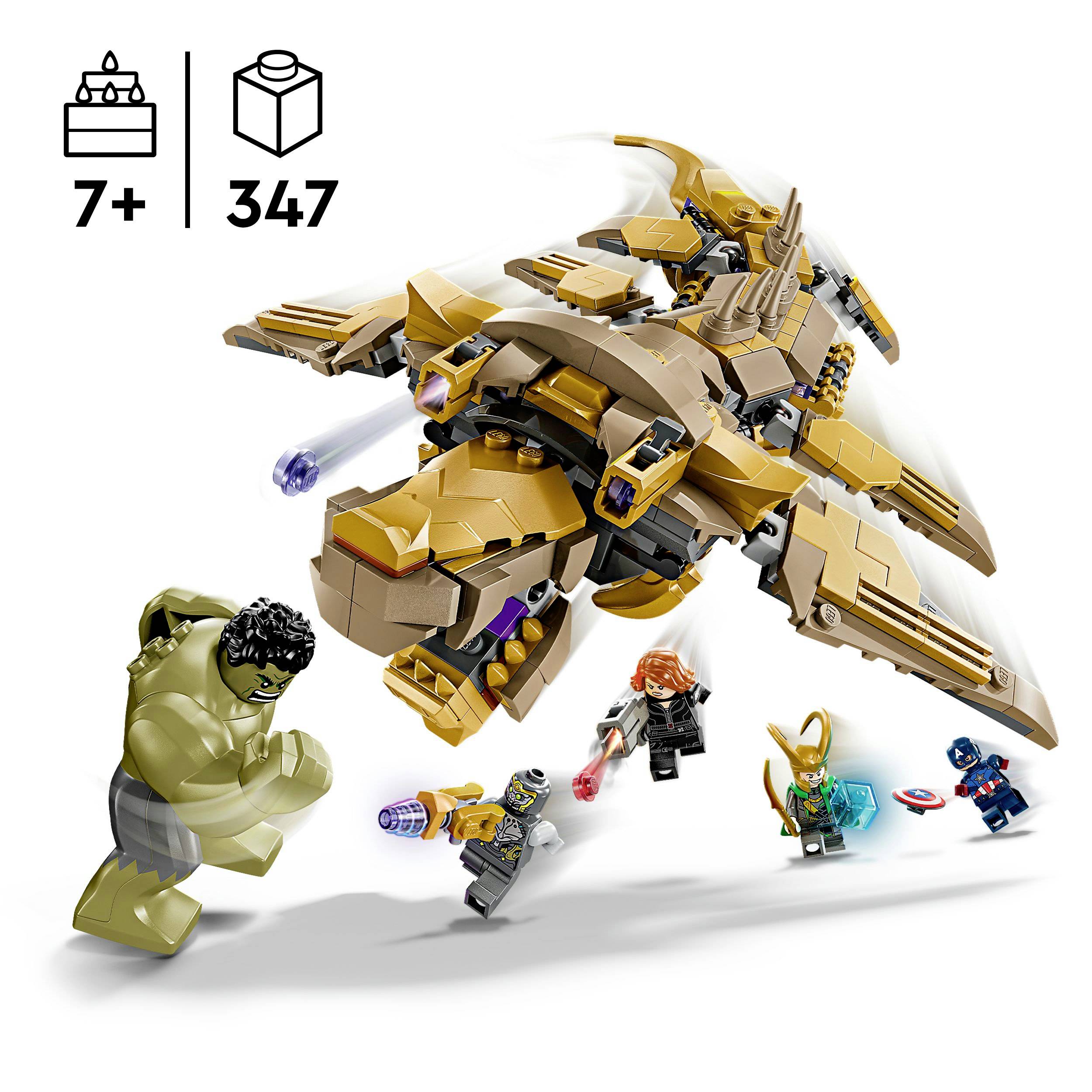 LEGO-Set mit Marvel-Charakteren, darunter eine große, goldene Drachenfigur und mehrere Minifiguren. Empfohlen ab 7 Jahren, 347 Teile.