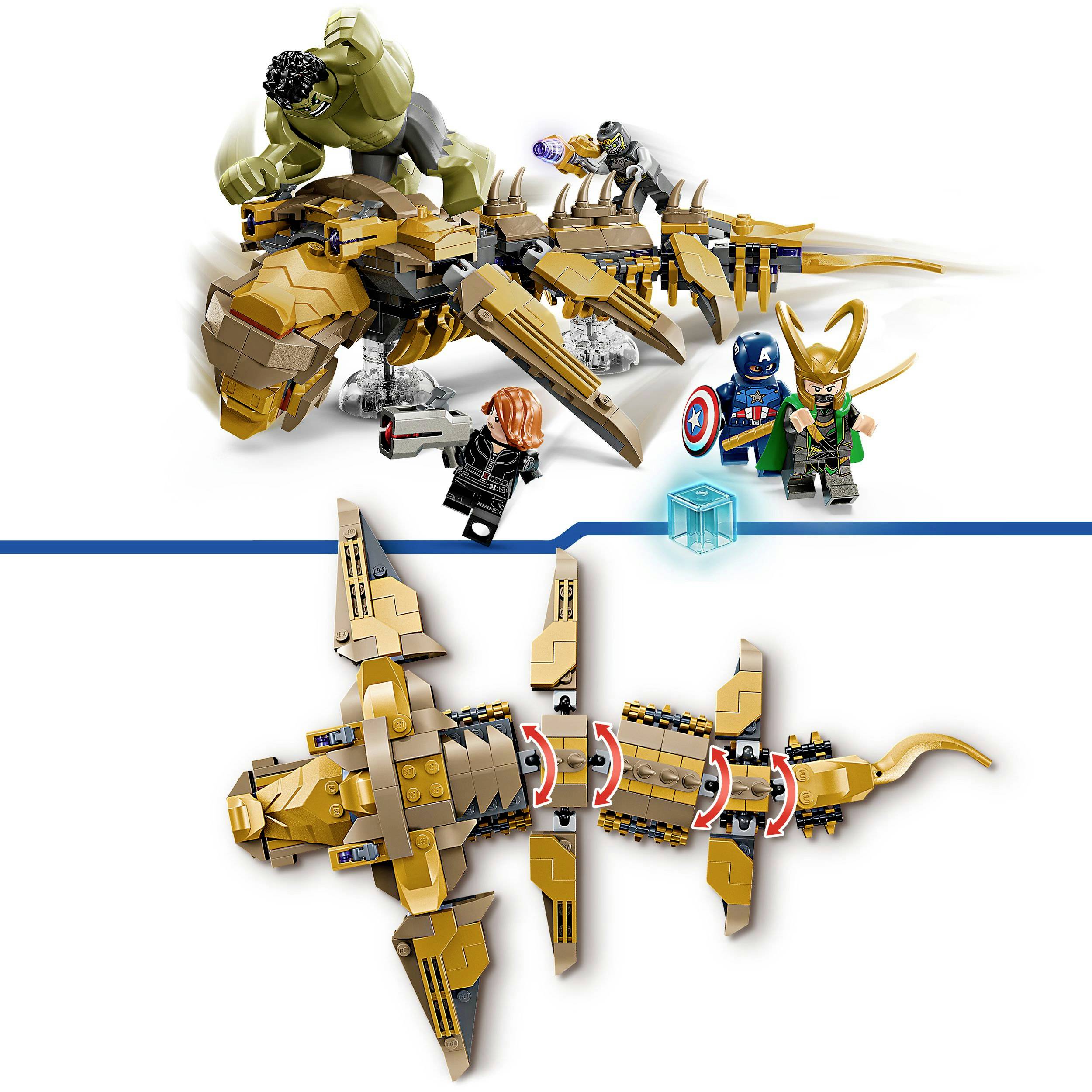 Lego-Set zeigt Figuren von Superhelden, darunter grüne, blaue und goldene Figuren sowie ein großes, gebogenes, goldenes Haustier im Aufbau.
