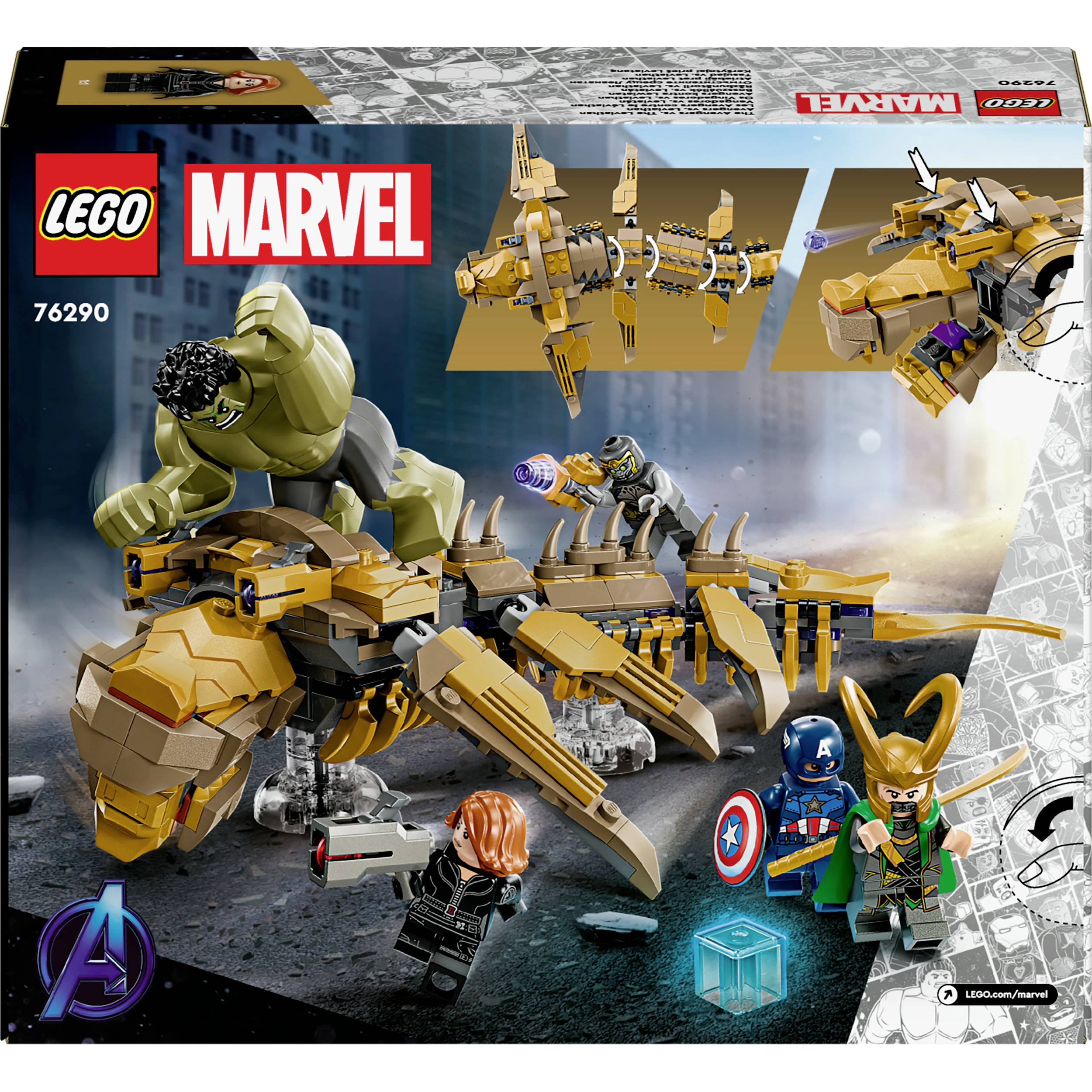 LEGO Marvel Set 76290: Der Hulk und andere Helden kämpfen mit einer quadrupedalen Maschine. Enthält Minifiguren und Zubehör.