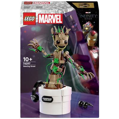 Die Verpackung zeigt ein LEGO-Set von 'Dancing Groot' aus Marvels Guardians of the Galaxy, empfohlen für Personen ab 10 Jahren.