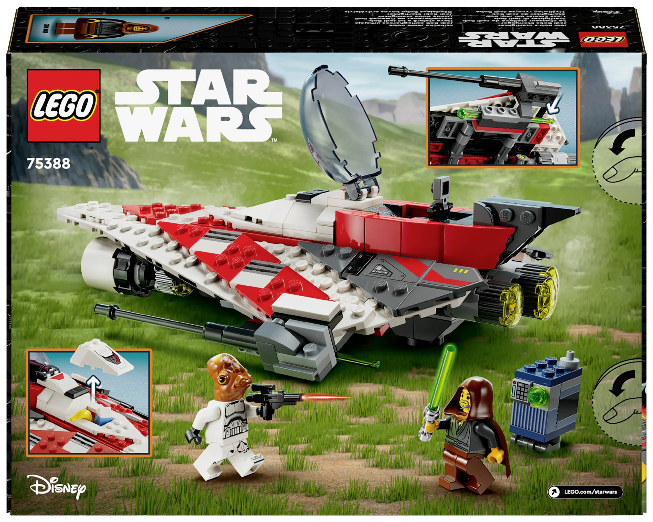 Lego Star Wars Spielset. Enthält ein Raumschiff, eine Lego-Figur mit grünem Lichtschwert und zwei weitere Figuren.