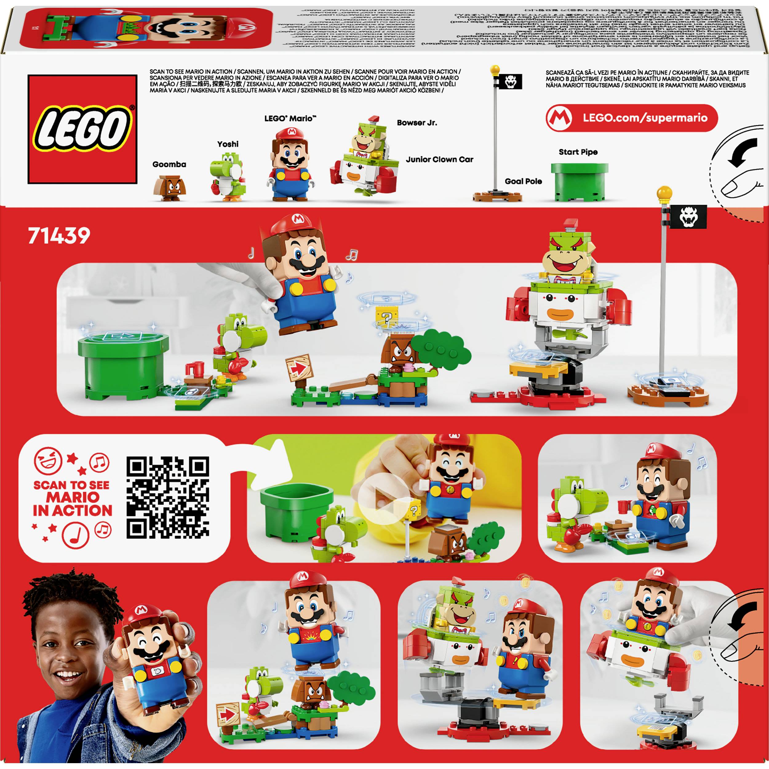 LEGO-Set '71439' mit Figuren von Mario, Yoshi, und Bösewichten aus Super Mario. Szenen zeigen Aufbauten und Interaktionen. Kind hält Mario-Figur.