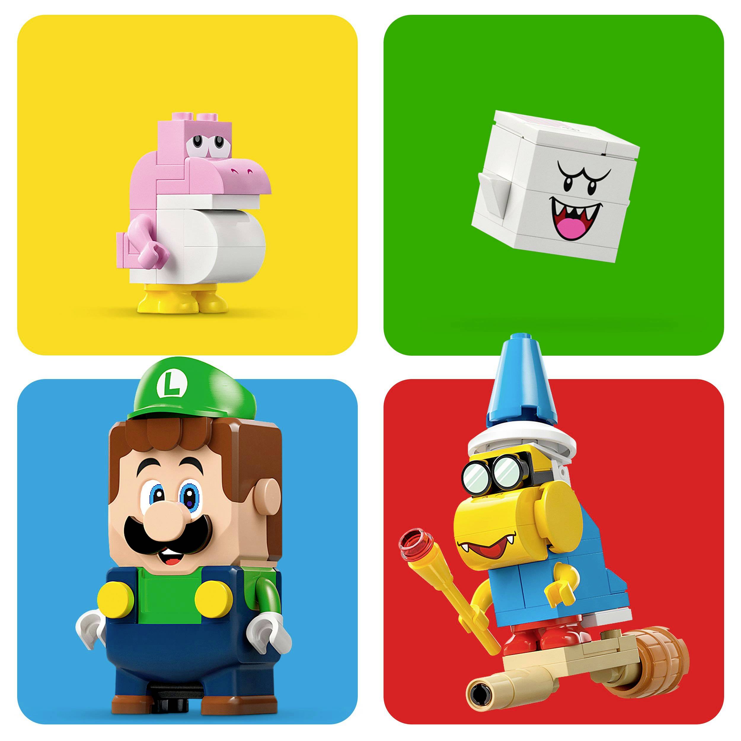 Vier bunte Quadrate, jede mit einer LEGO-Figur: rosa Dino, Würfelmonster, Luigi, und ein Koopaling mit Zauberstab auf rotem Hintergrund.