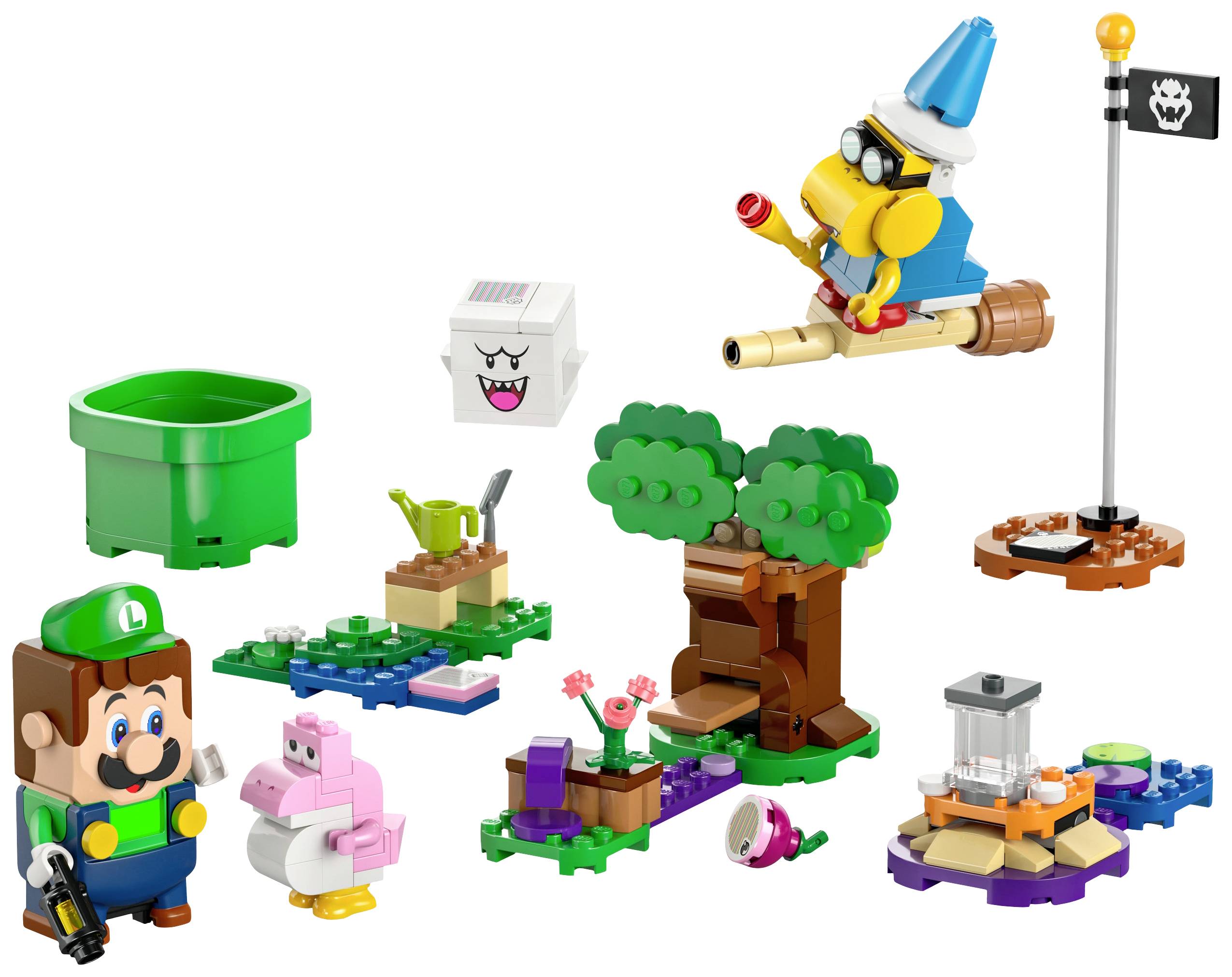 LEGO-Set mit Mario-Thema: Figuren von Luigi, einem pinken Yoshi, einem fliegenden Widersacher und Szenen wie eine Röhre und ein Flaggenziel.