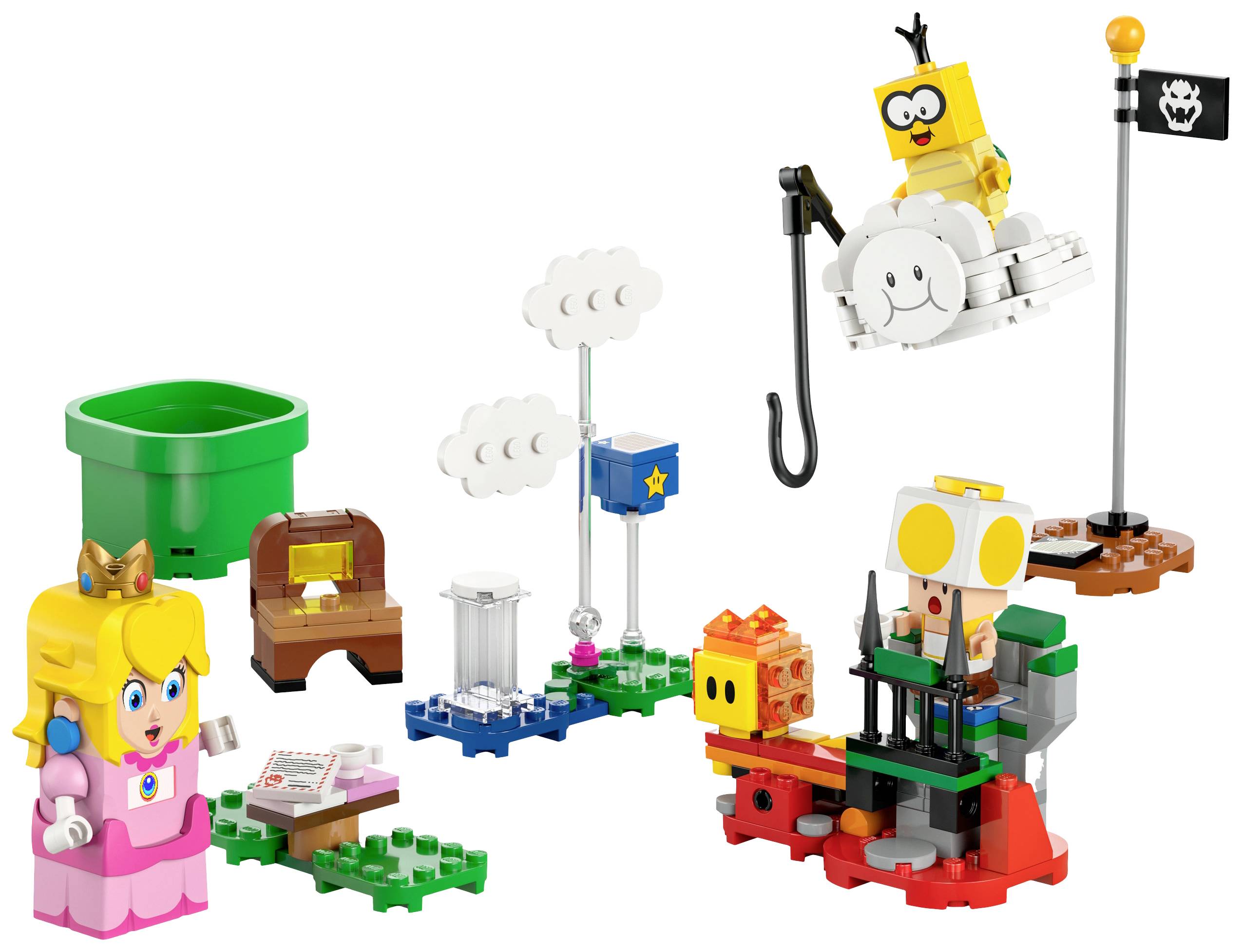 Bausatz mit Figuren und Accessoires auf Basis eines beliebten Videospiels mit Röhren, Wolken und einer kleinen Spielfigur auf einem Wolkenfahrzeug.