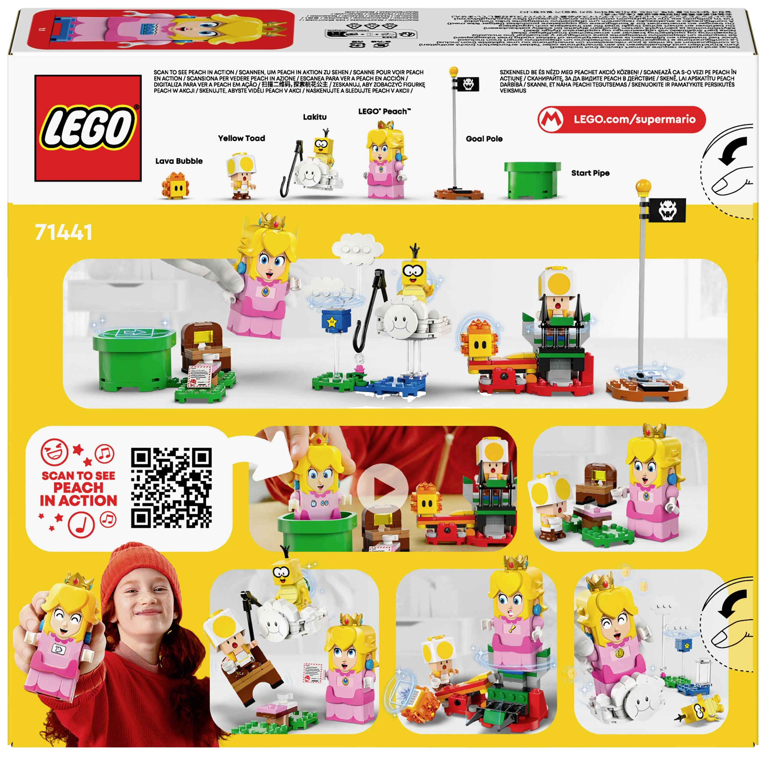 LEGO Super Mario Set mit Prinzessin Peach. Verschiedene Bausteine und Figuren auf gelbem Hintergrund. Enthält QR-Code für Video.