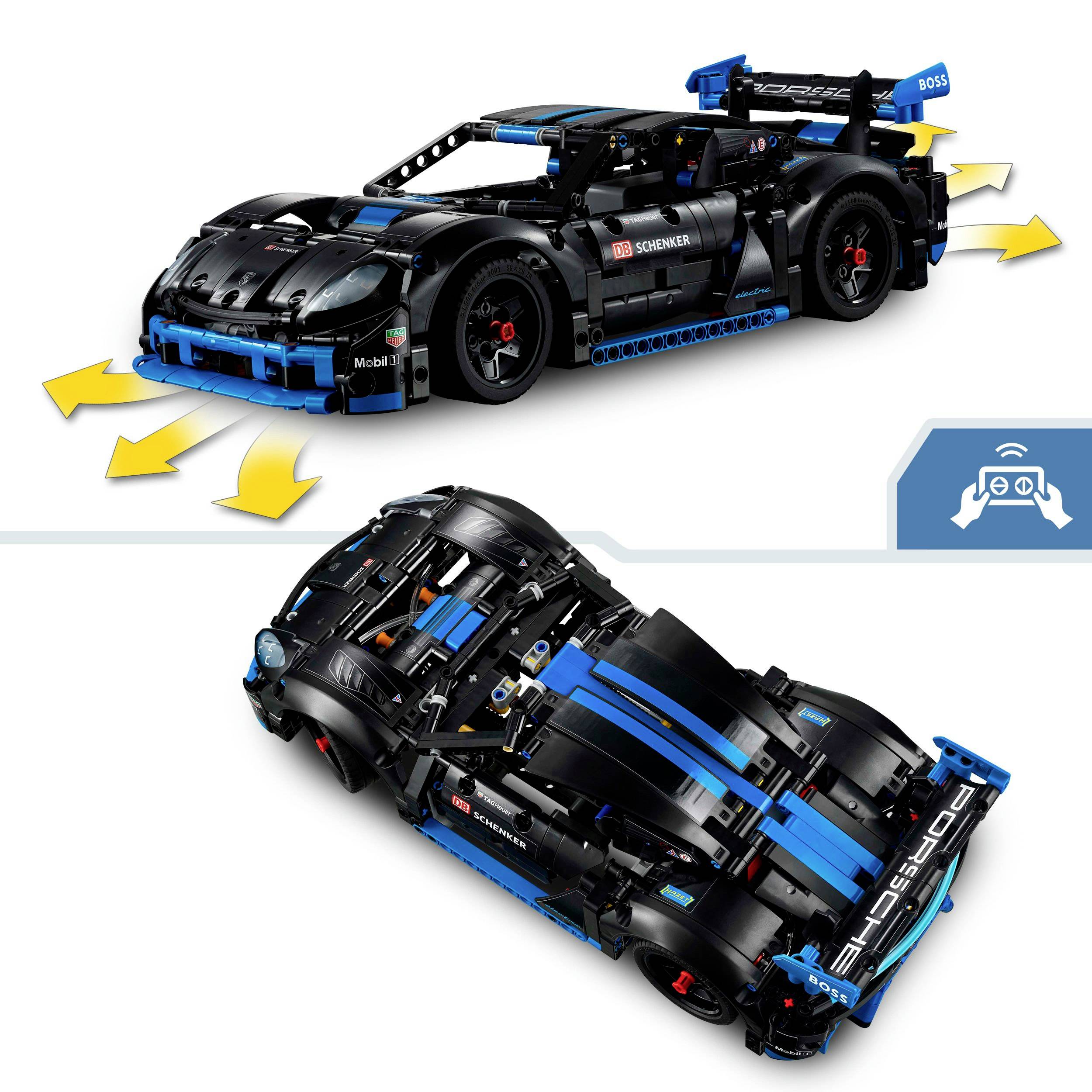 Ein Lego-Technic-Auto mit blauen Details und Spoiler. Oben in Seitenansicht mit gepfeilter Fahrtrichtung, unten in Draufsicht abgebildet.
