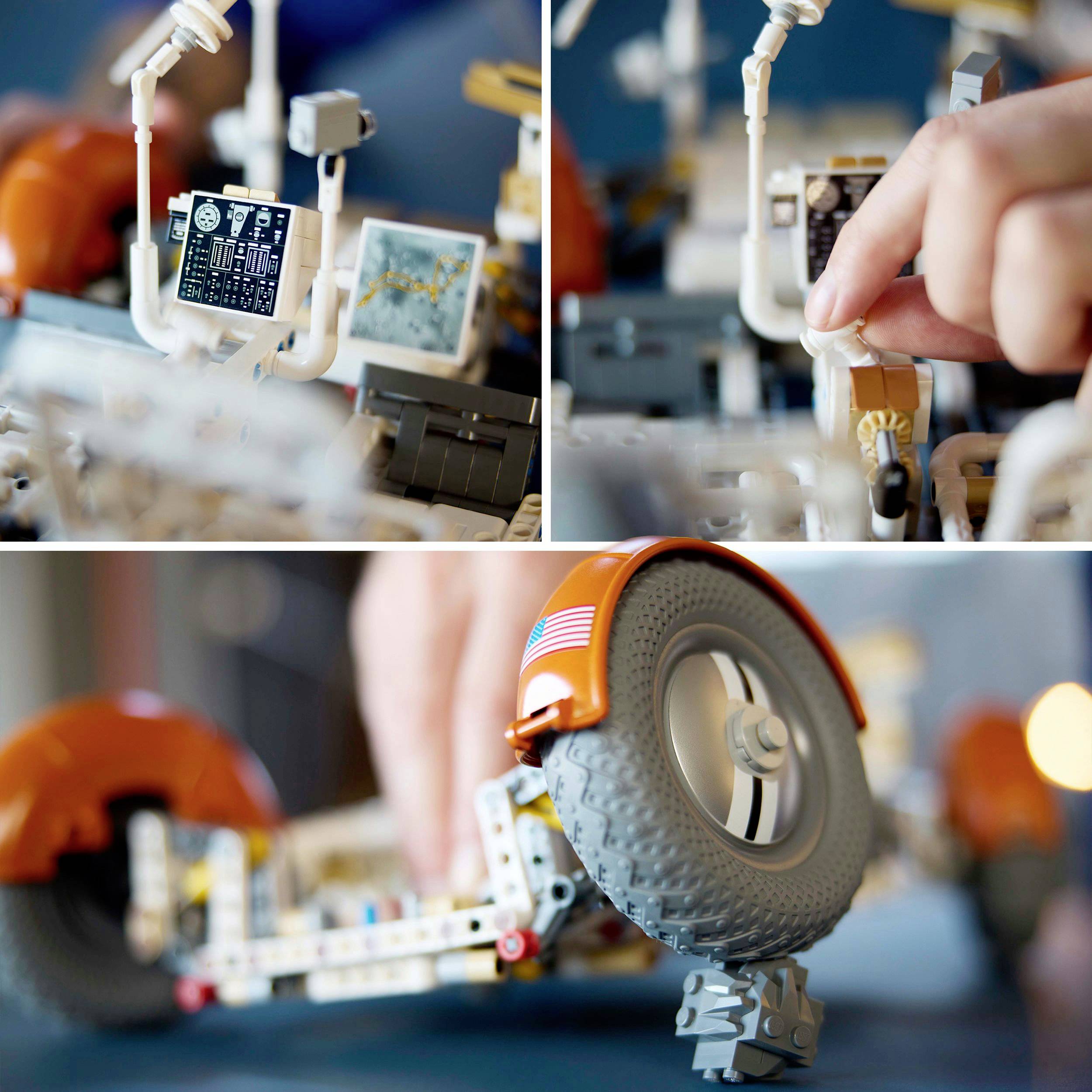 Modell eines Mars-Rovers: Oben sind Details des Cockpits mit Steuerungen zu sehen, unten das Rad und Fahrwerk mit einer US-Flagge.