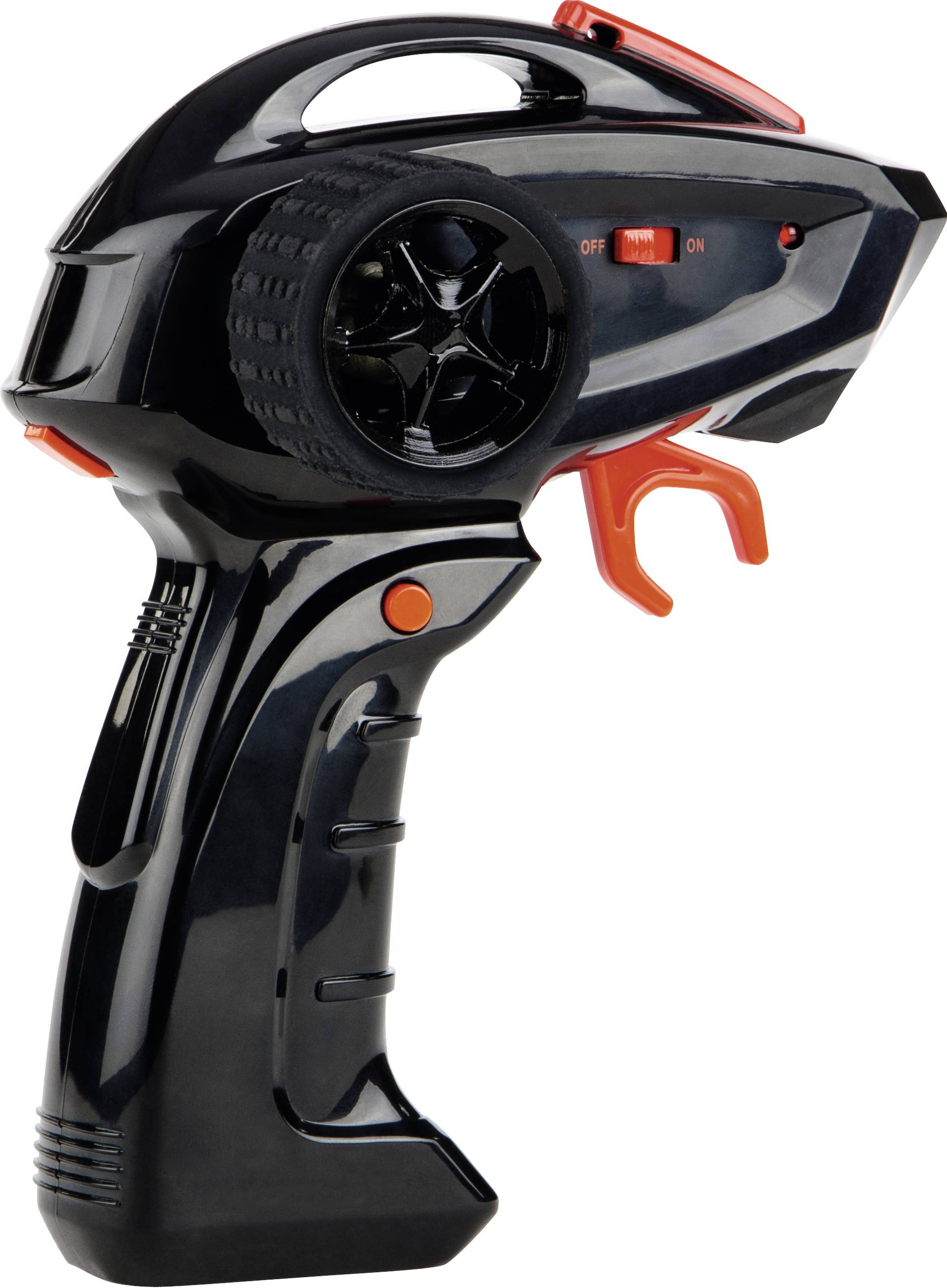 Schwarze Fernbedienung mit rotem Auslöser und Schalter, vermutlich für ein ferngesteuertes Auto, mit ergonomischem Griffdesign.