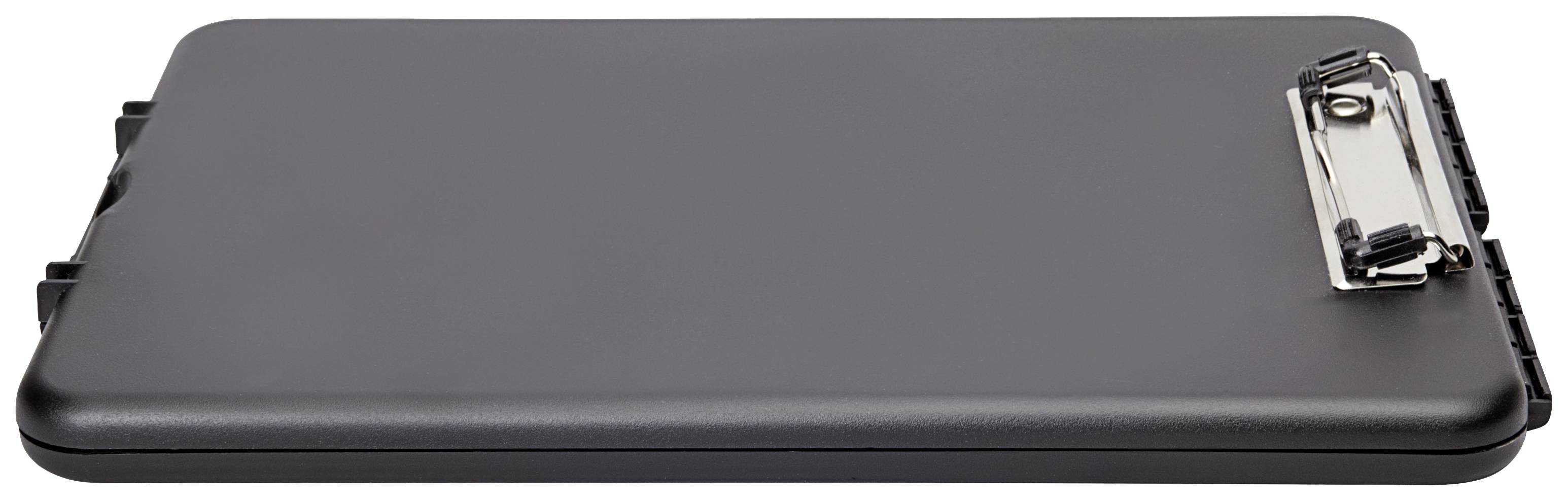 Schwarzes Klemmbrett mit Metallclip, leer. Ideal für Schreibunterlagen oder Notizen. Liegt flach auf einer Oberfläche.