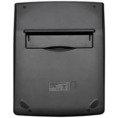 Eine schwarze elektronische Waage, Rückansicht, zeigt keine sichtbaren Messwerte oder Bedienelemente.