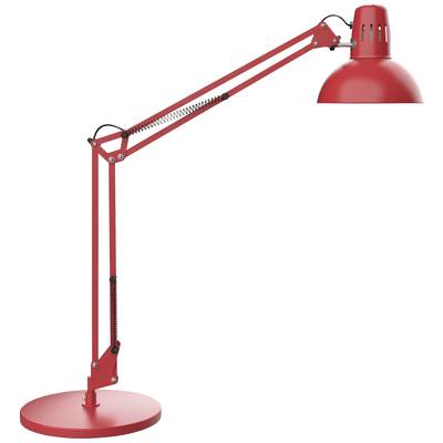 Rote, verstellbare Schreibtischlampe mit rundem Fuß und einem großen Lampenschirm. Ideal für konzentriertes Arbeitslicht.