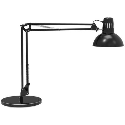 Eine schwarze Schreibtischlampe mit schwenkbarem Arm und rundem Fuß, geeignet zum fokussierten Arbeiten am Tisch.