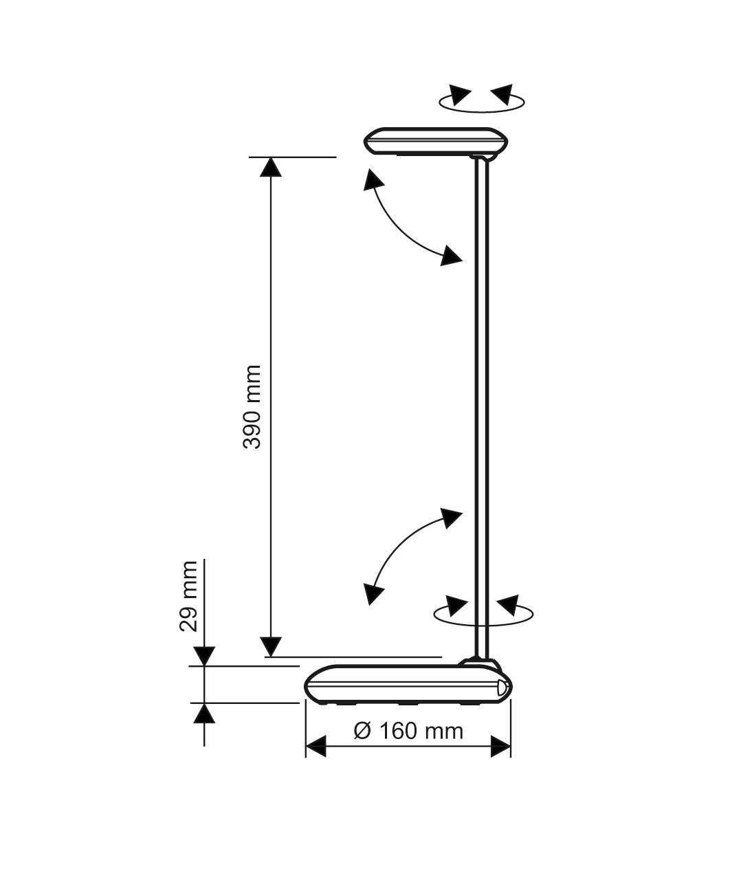 Stehbild einer Lampe mit verstellbarem Arm und Kopf. Höhe: 390 mm, Basisdurchmesser: 160 mm, Abstand zur Basis: 29 mm.