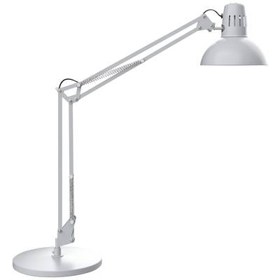 Eine weiße Schreibtischlampe mit einem verstellbaren Arm und rundem Sockel.