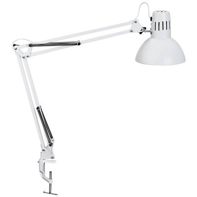 Weiße Schreibtischlampe mit verstellbarem Arm und Klemme zur Befestigung. Ideal für präzise Beleuchtung bei der Arbeit.