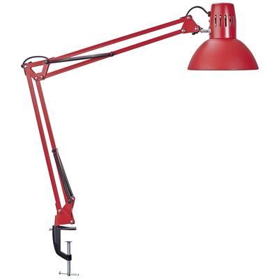 Rote Schreibtischlampe mit biegsamem Arm und Tischklemme; geeignet für verstellbare Beleuchtung beim Arbeiten oder Lesen.