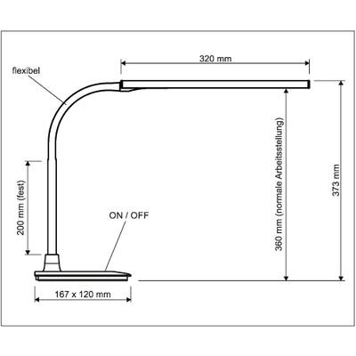 Schwarz-weiß Zeichnung einer Schreibtischlampe mit Maßen: 320 mm Länge, 373 mm Höhe, flexibler Arm. 'ON/OFF'-Schalter markiert.