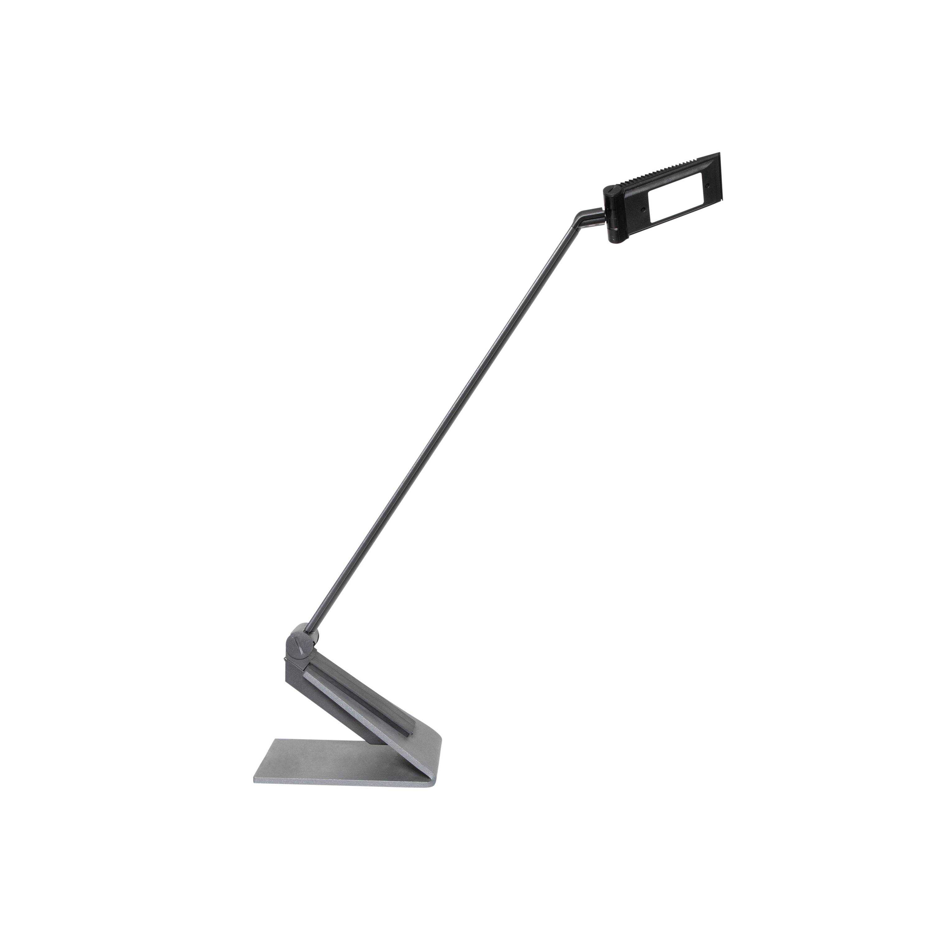 Eine moderne, minimalistische Tischlampe mit schwenkbarem, langem Arm und rechteckigem Kopf. Mattgraues Design mit stabilem Sockel.